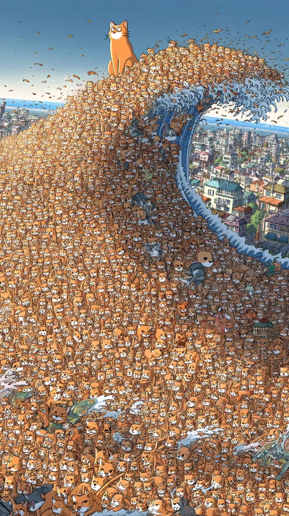 A large orange cat sits atop a massive wave composed entirely of smaller orange cats.  The wave crashes down towards a coastal city, creating a whimsical and slightly chaotic scene.  The style is illustrative, with detailed rendering of both the cats and the cityscape in the background. The overall impression is one of playful surrealism.