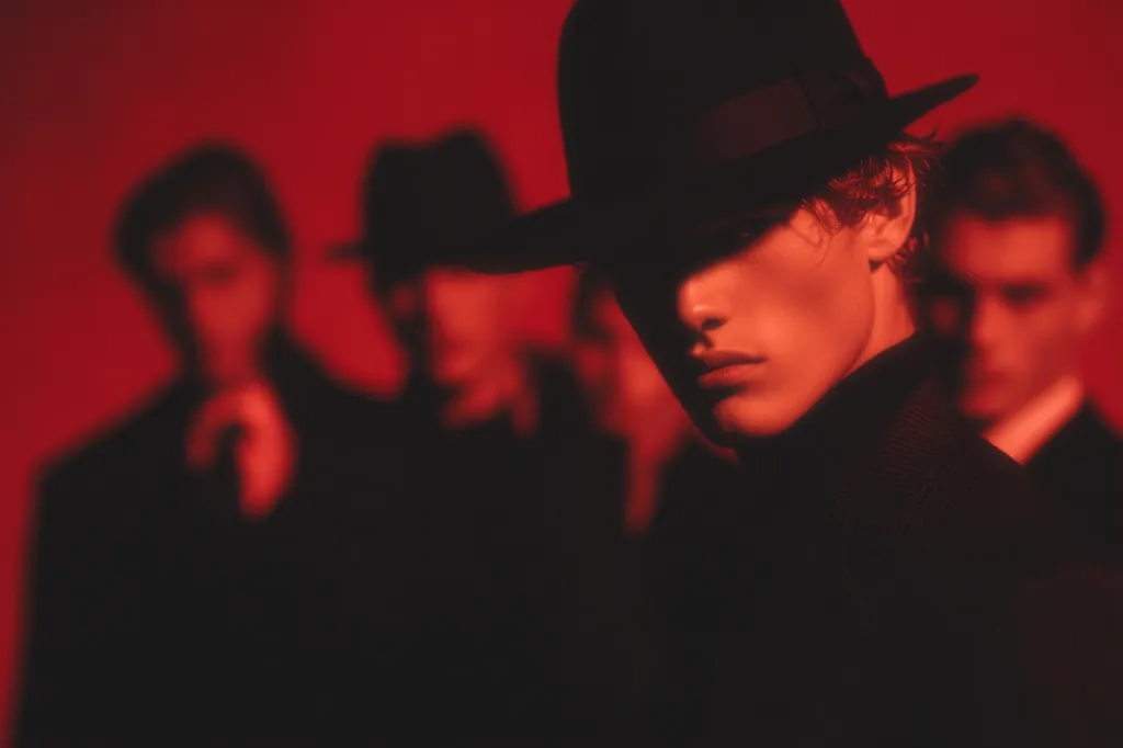 A young man in a fedora is the focus of the image, bathed in red light.  Behind him, several other figures in dark suits and hats are blurred, creating a mysterious and shadowy atmosphere. The red lighting enhances the dramatic mood, suggesting a clandestine meeting or a scene of intrigue. The overall effect is one of secrecy and suspense.