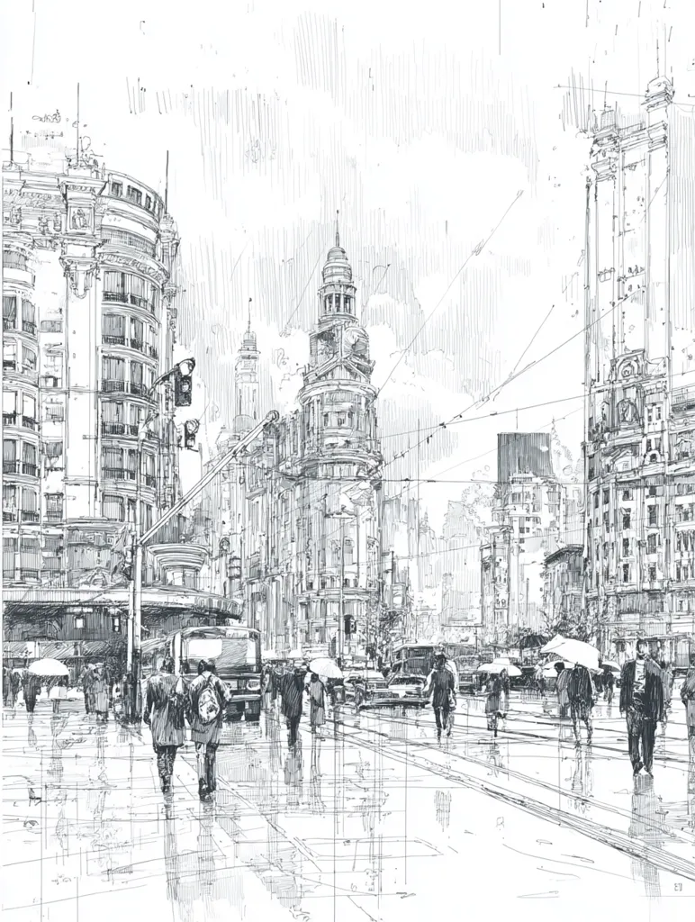 A detailed pen-and-ink drawing depicts a bustling city street scene on a rainy day.  Tall buildings with ornate architectural details line the street, showcasing a blend of architectural styles.  Pedestrians with umbrellas navigate the wet pavement, with a bus and cars adding to the urban ambiance. The artist's precise lines and shading create a sense of depth and atmosphere.  The overall mood is one of quiet observation within a dynamic urban setting.