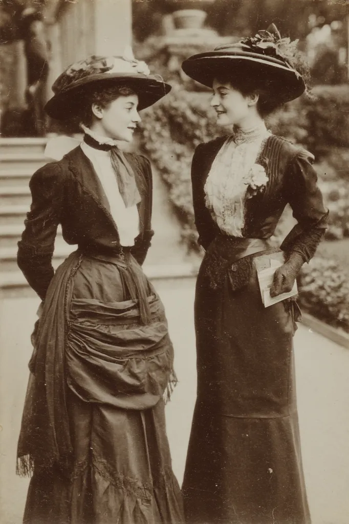 A sepia-toned photograph depicts two elegantly dressed women in Edwardian-era attire. They stand outdoors, possibly in a garden, engaging in conversation. Both women wear fashionable hats, long dresses with fitted bodices and full skirts, and gloves. Their attire showcases the style of the early 20th century. The image exudes a sense of refined grace and captures a moment of social interaction between two women of high society.