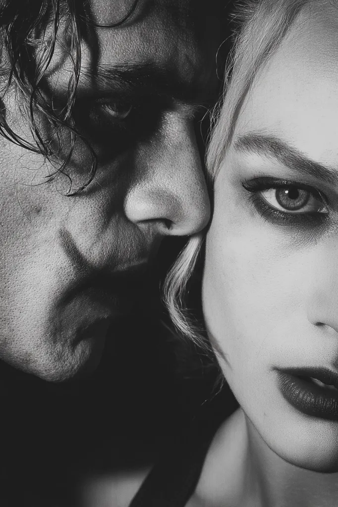 A black and white close-up shot captures the intimate moment between a man and a woman.  Their faces are intertwined, emphasizing the closeness and connection between them. The man's features are rugged and shadowed, contrasting with the woman's softer, more delicate face.  The image is moody and evocative, suggesting a complex relationship.
