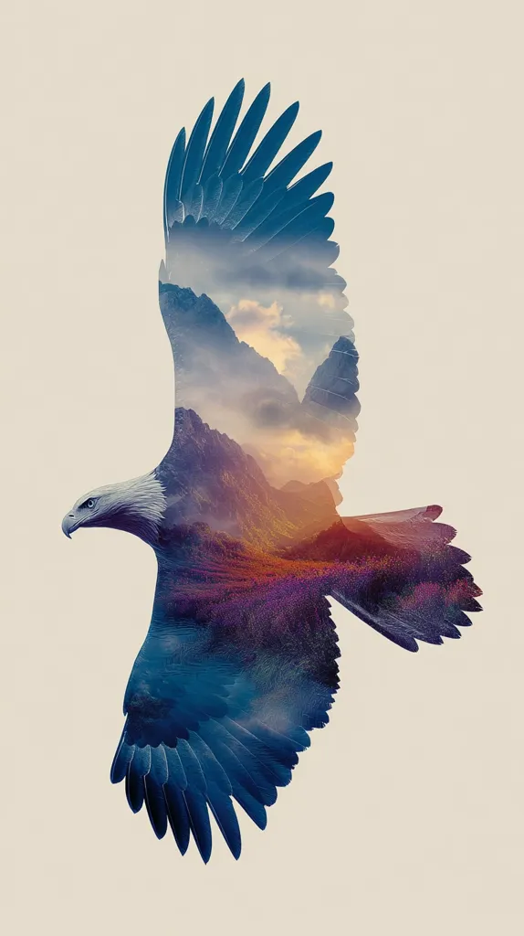 A double exposure image depicts a majestic eagle in flight.  Its wings are superimposed over a breathtaking landscape of misty mountains and vibrant purple heather. The eagle's silhouette is sharp, contrasting with the soft, ethereal tones of the mountain scene. The composition creates a powerful and evocative image of freedom and the beauty of nature.