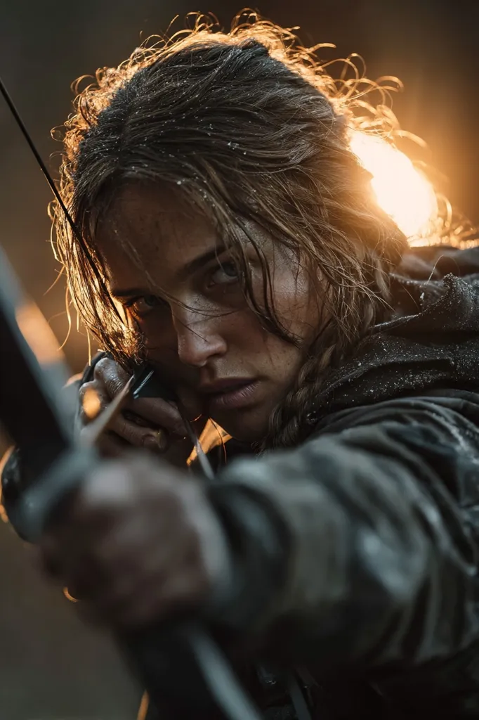 A determined woman, her face streaked with dirt and sweat, focuses intently through the sight of her bow and arrow.  Her dark, wind-tossed hair frames a fierce expression.  The warm glow of a setting sun illuminates the scene, enhancing the dramatic intensity of the moment.  She is dressed in rugged, practical clothing, suggesting a survivalist or warrior.