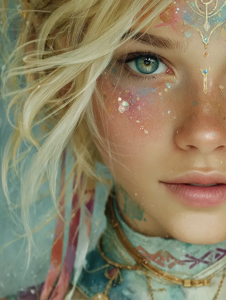 Close-up of a young woman with blonde hair and ethereal makeup.  Her face is adorned with iridescent glitter and delicate, gold-toned face paint resembling tribal markings.  Her eyes are a striking green, and her expression is soft and serene. She wears a teal garment and gold necklace. The overall aesthetic is mystical and fantasy-inspired.