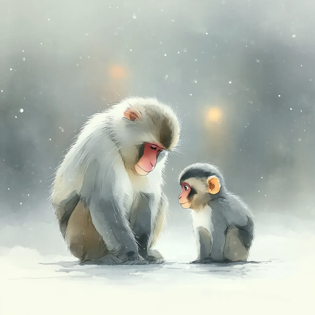A heartwarming watercolor painting depicts a snow monkey mother and her baby sitting in the snow.  The adult monkey is larger, with fluffy grey-white fur, looking down at its smaller, darker-grey offspring.  A soft, muted color palette and gentle snowfall create a serene and tender atmosphere. The background subtly hints at distant lights.  The scene conveys a sense of warmth and connection amidst a cold winter setting.