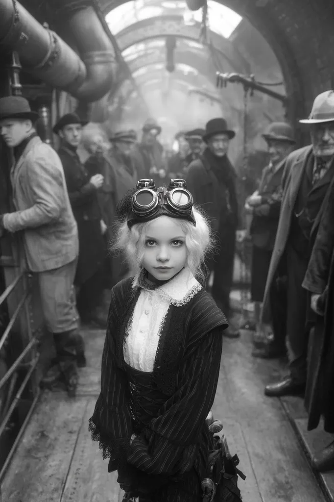 A young girl, dressed in steampunk-inspired attire, stands in a dimly lit, industrial setting.  She wears goggles and a striped jacket over a white blouse.  Surrounding her are numerous adults in period clothing, creating a scene reminiscent of a historical factory or train station. The monochrome palette enhances the gritty atmosphere.