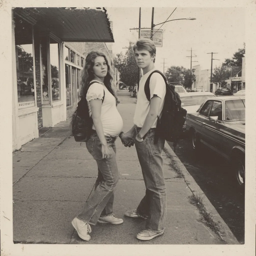 A black and white photo depicts a pregnant young woman and a young man holding hands on a city sidewalk.  She wears bell-bottom jeans and a loose-fitting shirt; he sports jeans and a t-shirt, both carrying backpacks.  Cars are parked along the street behind them, in front of a row of shops. The image evokes a nostalgic feeling of a 1970s moment.