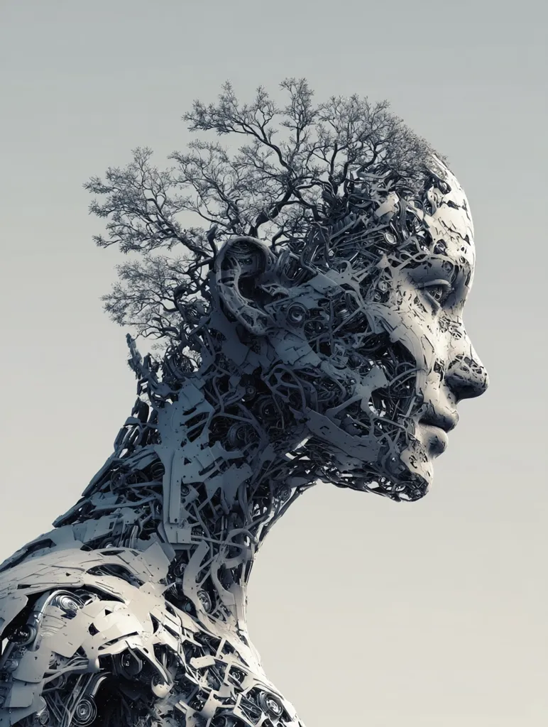 A stylized digital artwork depicts a robotic figure's head and shoulders. The figure is rendered in grayscale, with a mechanical, intricate design revealing its inner workings.  A bare, leafless tree grows from the top of its head, blending seamlessly with the metallic structure.  The overall effect is one of both artificiality and organic growth, suggesting a fusion of nature and technology.