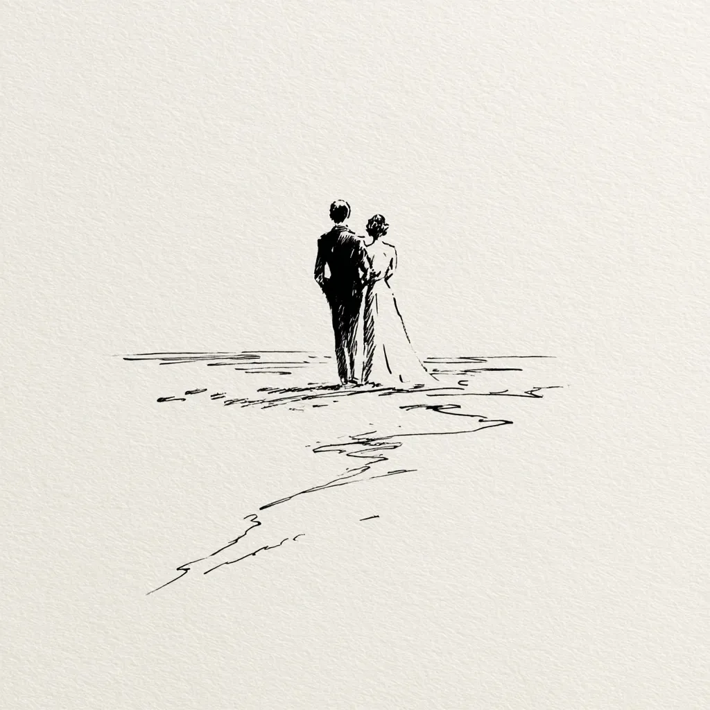 A minimalist ink sketch depicts a couple standing on a beach, viewed from behind.  The man is in a suit, the woman in a flowing dress. They stand close, gazing out at the calm sea. The simple lines and shading create a serene and romantic atmosphere, suggesting a quiet moment of contemplation or shared joy.  The beach is subtly textured, and a small stream of water flows nearby.