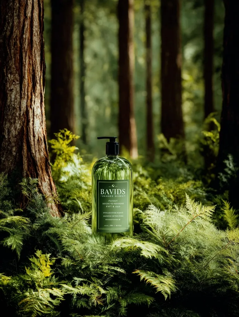 A dark green bottle of DAVIDS "OHAED SENSE" Forest Body Wash sits nestled amongst lush green ferns in a forest setting.  The bottle features a pump dispenser and minimalist labeling, highlighting the product's natural essence.  The background is softly blurred, showcasing towering trees and a tranquil, natural environment. The overall image evokes a feeling of serenity and natural purity.