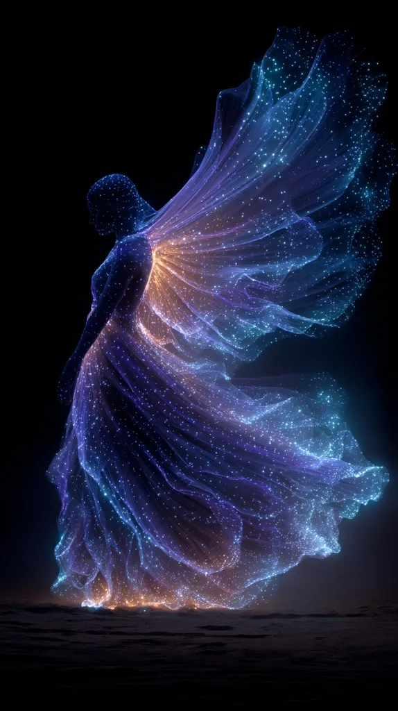 A digital artwork depicts a celestial being, possibly an angel or ethereal woman.  She is rendered in shimmering, nebula-like particles of blue and orange, forming the outline of a flowing gown and large, wing-like appendages. The figure appears graceful and serene, standing against a dark backdrop.  The overall effect is one of magical luminosity and otherworldly beauty.