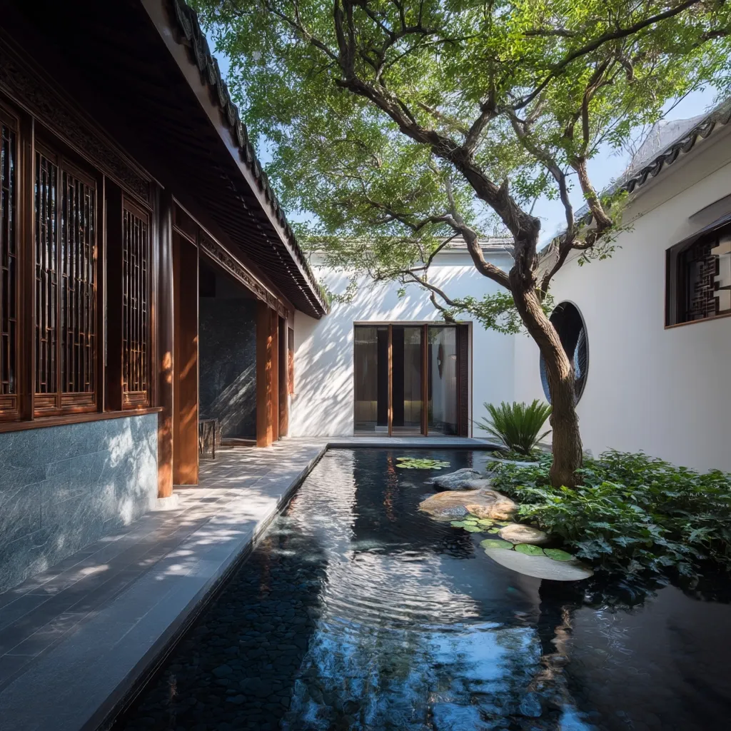 A serene courtyard garden features a rectangular reflecting pool lined with dark pebbles, surrounded by lush greenery and a central tree.  Traditional Chinese architecture, with dark wood framed windows and slate walls, forms a tranquil backdrop.  The design emphasizes natural elements, creating a peaceful and minimalist atmosphere.  Sunlight filters through the leaves, casting dappled shadows on the stone pathway.