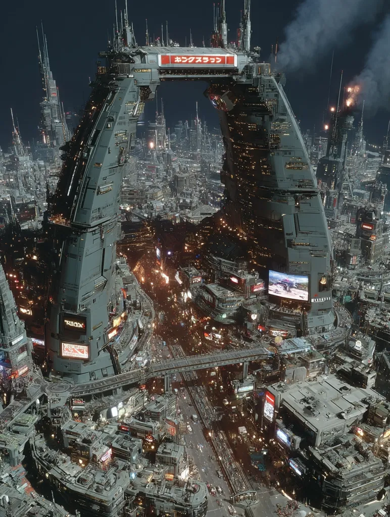 A futuristic cityscape at night is dominated by a colossal, arch-shaped structure, its surface adorned with illuminated signage in Japanese.  The structure spans a bustling thoroughfare, connecting densely packed buildings that stretch towards a smoky, star-filled sky.  Numerous smaller towers and structures form a complex, layered urban environment, showcasing a blend of technological advancement and urban density.  The overall scene evokes a vibrant, yet potentially overwhelming, metropolis.