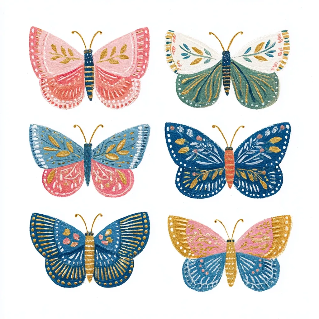 Six stylized butterflies are depicted, arranged in a grid pattern.  They feature a combination of pink, blue, and gold accents, with intricate floral and leaf designs.  The butterflies are painted in a folk-art style, with bold outlines and textured paint application. The background is a plain white, making the butterflies stand out.