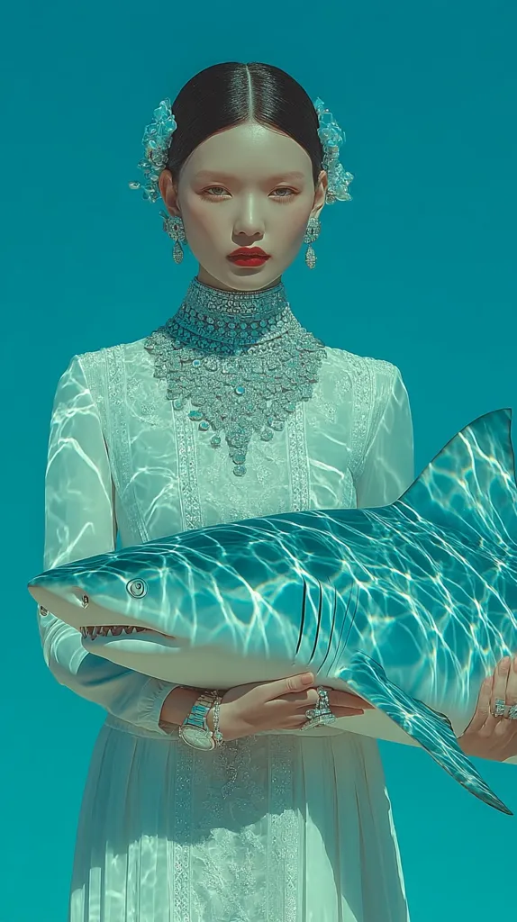 A woman in a white, lacy dress and ornate jewelry cradles a shark.  The teal backdrop and water-like texture on the shark suggest an underwater scene or surreal setting.  Her dark hair is neatly styled, and her expression is serene.  The overall image is striking and evocative, blending elegance with unexpected elements.