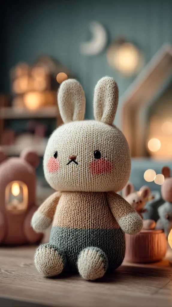 A charming hand-knitted bunny toy sits on a wooden surface.  The bunny is cream-colored with blush pink cheeks, a tan midsection, and teal-colored legs and feet.  It's surrounded by a softly lit, cozy background featuring other plush toys and soft lighting, creating a peaceful and comforting atmosphere. The bunny's gentle expression and soft texture evoke a sense of warmth and tranquility.