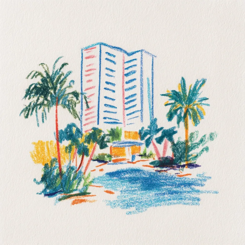 A crayon drawing depicts a stylized beachfront hotel.  The building is tall and slender, rendered in pastel blues, pinks, and oranges. Lush palm trees flank the hotel, their vibrant greens contrasting with the building.  A turquoise pool sits in front, completing the tropical scene sketched in a loose, expressive manner. The overall impression is one of vibrant, carefree vacation.