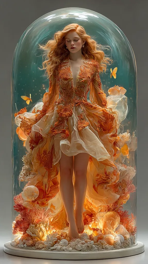 A woman with long, flowing red hair is captured within a glass dome, appearing to float amidst an underwater scene.  She wears a flowing, orange gown adorned with intricate detailing, resembling coral or sea flora.  The base of the dome is filled with sculpted coral, seashells, and soft lighting, creating a whimsical, ethereal underwater world.  Small butterflies add to the dreamlike quality of the artwork.