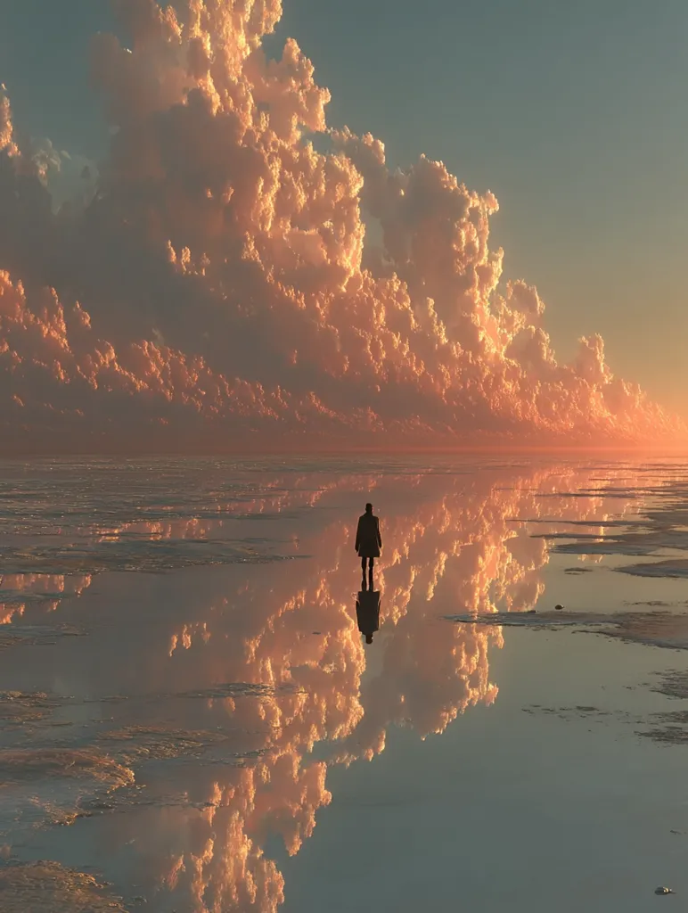 A lone figure walks across a vast, flat expanse of water, the surface mirroring a breathtaking sunset sky.  Massive, peach-colored clouds dominate the horizon, their reflection creating a surreal, almost otherworldly scene.  The tranquility of the image is emphasized by the figure's small scale against the immense sky and its perfect reflection in the still water.  The overall mood is one of peaceful solitude and awe-inspiring beauty.