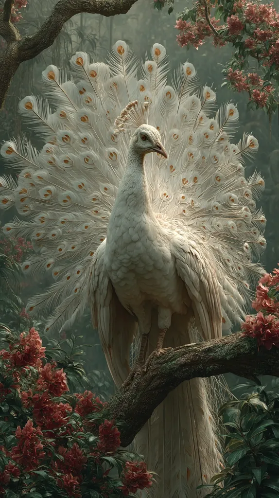 A majestic white peacock displays its iridescent plumage in a lush, tranquil forest.  Its feathers, tipped with soft gold, create a breathtaking spectacle against a backdrop of dark green foliage and delicate pink blossoms. The peacock perches gracefully on a tree branch, its serene presence dominating the scene.  The overall mood is one of peaceful beauty and natural elegance.