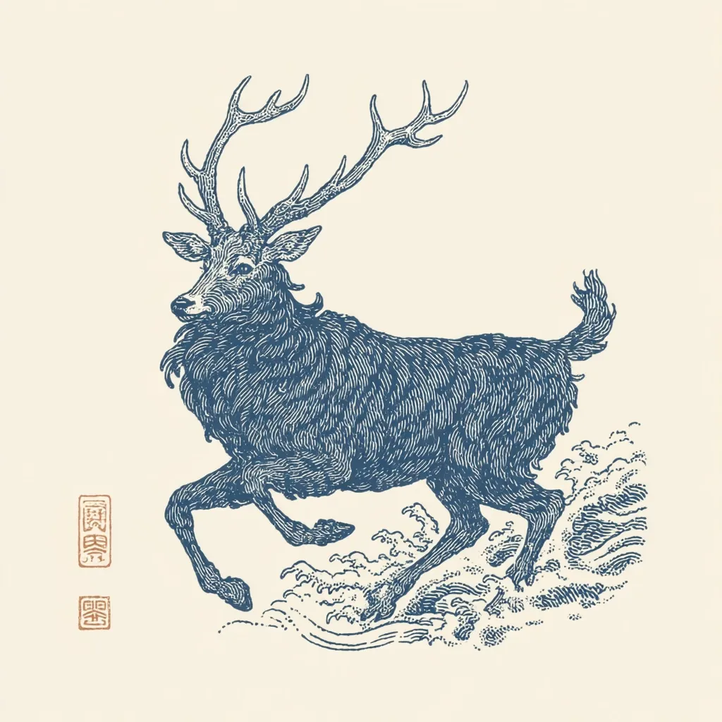 A detailed blue ink illustration depicts a deer in motion, its large antlers elegantly curved.  The deer appears to be leaping over stylized waves, suggesting a dynamic scene.  The style is reminiscent of traditional woodblock prints, with fine linework detailing the fur and the texture of the water.  Two small, stylized stamps are visible in the bottom left corner.