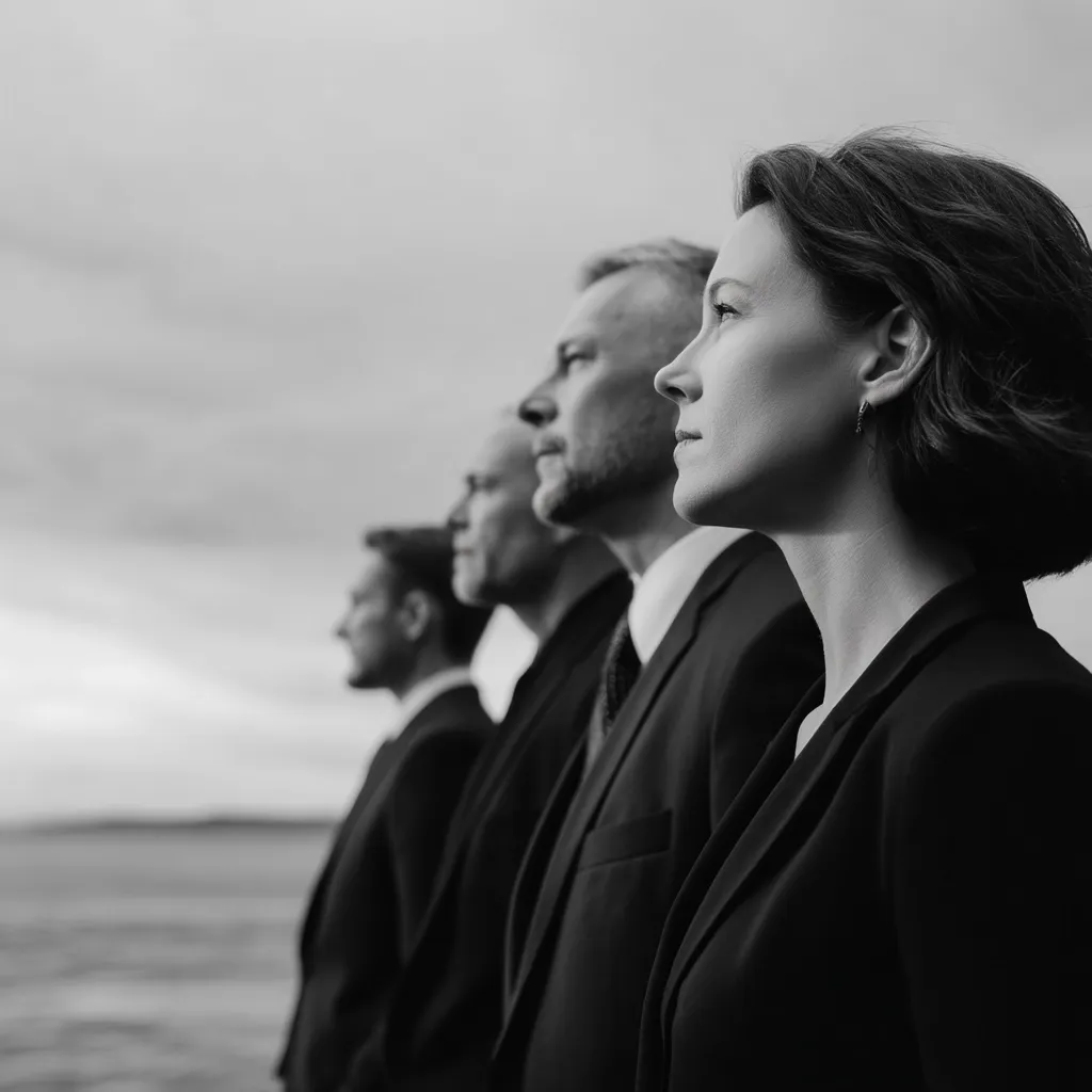 A black and white image shows four business professionals in profile, standing in a row, gazing towards a calm body of water.  The woman on the right is prominently featured, her serious expression conveying determination.  The men behind her are similarly attired in suits, creating a powerful and unified image of leadership and ambition. The scene evokes a feeling of contemplation and shared purpose.
