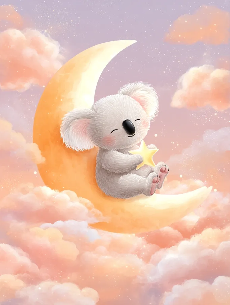 A cute koala sits on a crescent moon nestled in soft, pastel clouds.  The koala holds a small, golden star, creating a dreamy, whimsical scene against a twilight sky. The image evokes a feeling of peace and tranquility, perfect for a child's room or nursery. The artwork is soft and gentle, with a focus on calming colors and adorable character design.
