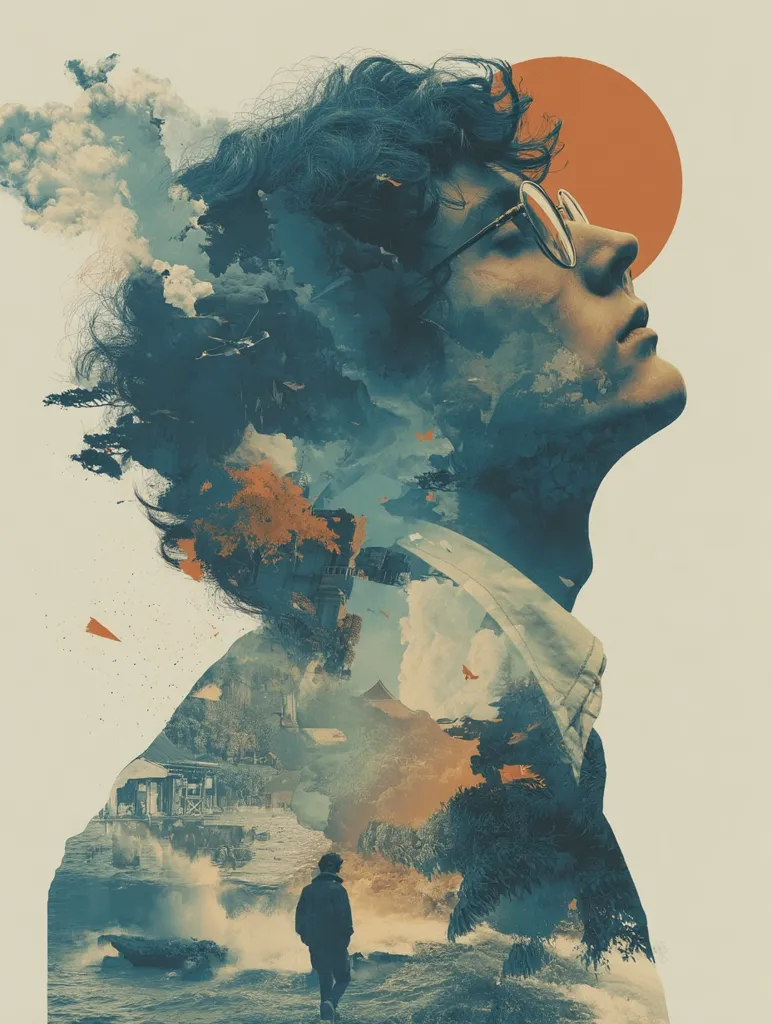 A surreal double exposure portrait of a young man with curly hair and glasses.  His face is overlaid with a landscape featuring a stormy sea, a solitary figure on a shore, and an orange sun.  The overall color palette is muted blues and oranges, creating a melancholic and dreamy atmosphere. The image evokes a sense of introspection and the vastness of inner worlds.