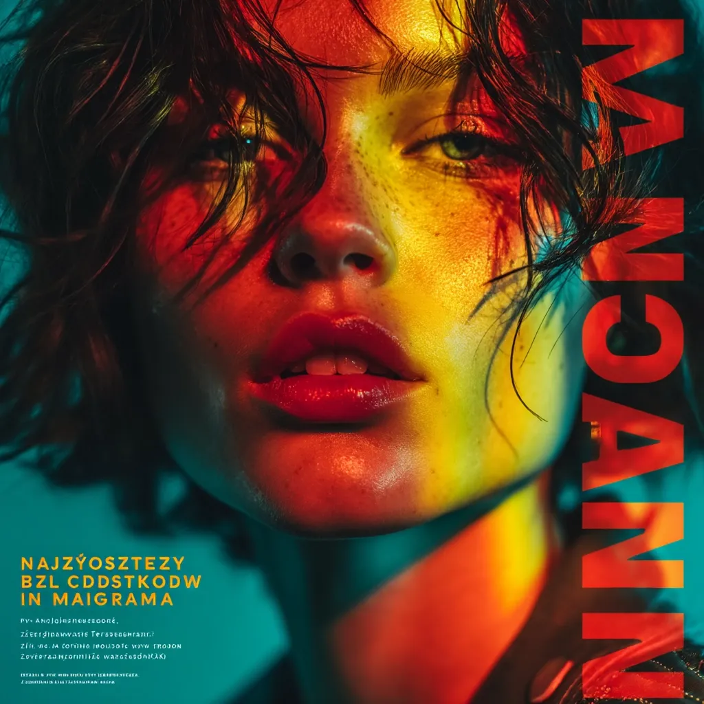 A close-up portrait of a woman with dark, short hair.  Her face is dramatically lit with vibrant, multicolored light, creating a strong contrast and highlighting her freckles. The image is stylized and bold, with the word "MINOANN" prominently displayed.  The text below is in a foreign language.