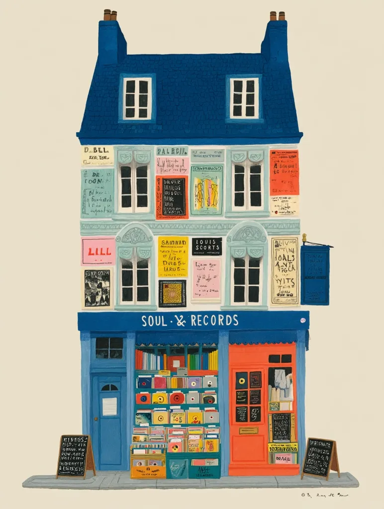 A charming illustration depicts a vibrant two-story building, a record store named "Soul & Records."  The blue building is adorned with colorful vintage posters and advertisements.  The shop's interior showcases rows of vinyl records, adding to the nostalgic atmosphere.  The overall style is whimsical and evocative of a quaint European street scene.
