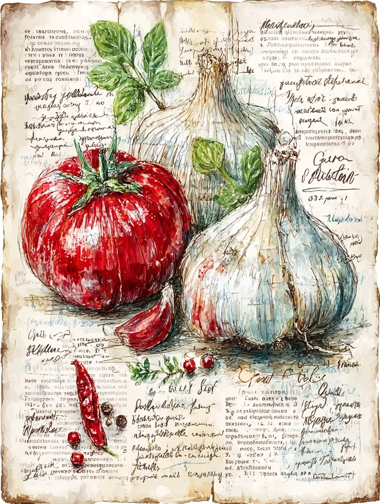 A watercolor painting depicts a vibrant red tomato, two bulbs of garlic, a red chili pepper, and scattered peppercorns.  The arrangement sits atop an aged, handwritten page filled with seemingly culinary notes and recipes in an illegible script, adding a vintage, rustic feel to the artwork.  The style is reminiscent of botanical illustration and food photography.
