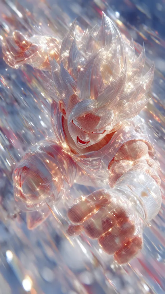 A stylized anime character, possibly Goku, is depicted in a dynamic pose.  The figure is rendered in a translucent, crystalline material, with a glowing, almost ethereal quality.  The character's hair flows dramatically, and the image is filled with streaks of light suggesting intense speed or energy.  The overall effect is visually striking and otherworldly.