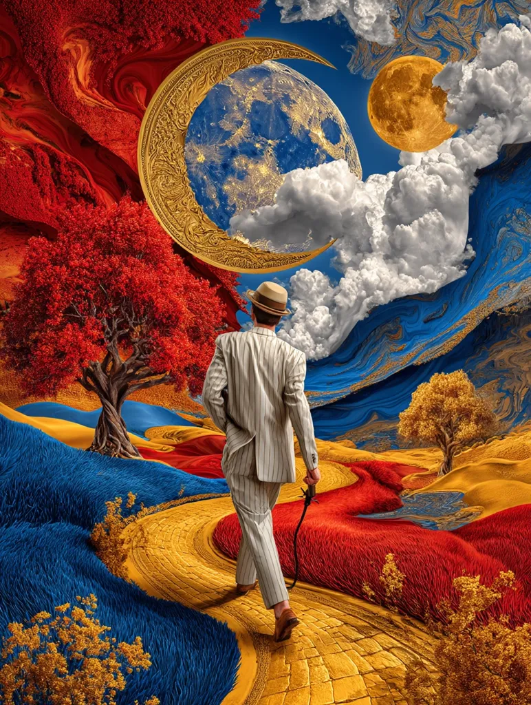 A man in a pinstripe suit walks down a yellow brick road winding through a surreal landscape.  Vibrant red and blue hills roll beneath a fantastical sky.  A large, ornate golden crescent moon frames a blue planet, while a full yellow moon hangs beside it.  The scene is dreamlike and evokes a sense of wonder and journey.
