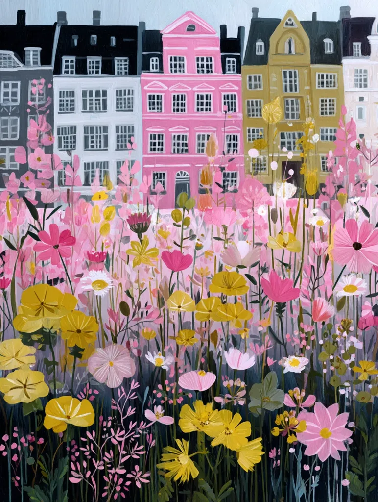 A vibrant illustration depicts a profusion of pink, yellow, and white wildflowers blossoming in the foreground.  Behind the flowers, a row of charming, colorful townhouses stand in a picturesque setting. The pink building is a focal point, contrasting with the grey and gold hues of its neighboring structures. The style is whimsical and evocative of a quaint European village.