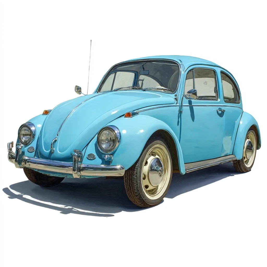 A light blue Volkswagen Beetle, a classic vintage car, is presented against a white background.  The car is shown in a three-quarter view, highlighting its rounded body, iconic headlights, and whitewall tires.  Its condition appears excellent, suggesting meticulous care and preservation. The image is clean and well-lit, focusing on the vehicle's details.