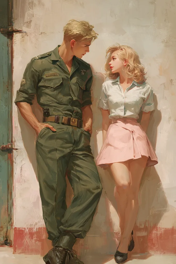 A painting depicts a young man in a military uniform and a young woman in a pink skirt standing close together against a pale wall.  He's in olive green, she's in a light blouse and skirt.  Their gazes meet, suggesting intimacy or a shared moment.  The style is painterly and reminiscent of vintage romance art. The warm lighting and muted colors create a nostalgic atmosphere.