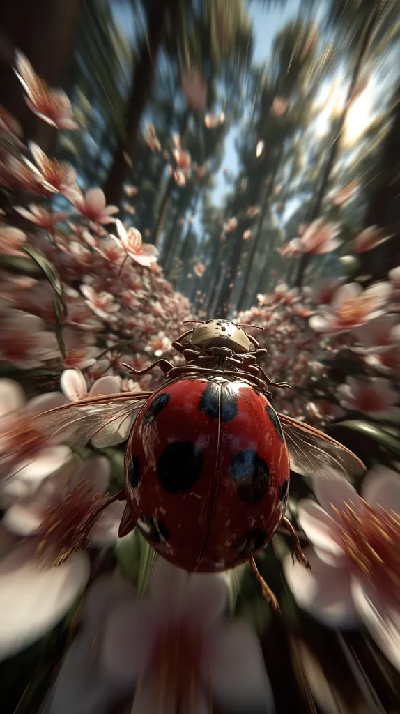 A ladybug with outstretched wings is shown in flight through a blurred field of delicate pink blossoms. The image is dynamic, conveying a sense of speed and movement.  The sunlit background suggests a forest clearing, with the blossoms creating a soft, ethereal atmosphere. The ladybug's vibrant red shell with black spots is sharply in focus, contrasting with the motion blur.