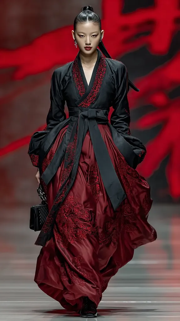 A model strides down a runway, showcasing a striking crimson gown. The dress, a modern interpretation of traditional Hanfu, features a voluminous skirt adorned with intricate red embroidery. A black overdress, cinched at the waist with a wide sash, adds a dramatic contrast. The model's sleek, high ponytail and dark makeup complete the sophisticated and powerful look.  The backdrop is a blurred, red-toned abstract design.