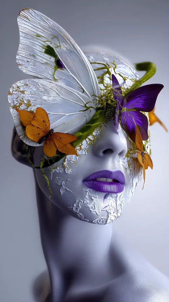 A model's face is partially obscured by a mask of large, delicate butterfly wings and smaller butterflies.  The wings are predominantly white with hints of gold and are interwoven with vines and foliage.  Purple and orange butterflies accent the design.  The model's skin is pale, with a textured, almost cracked, effect around the eyes and mouth, contrasting with the vibrant purple lipstick. The overall aesthetic is ethereal and artistic.