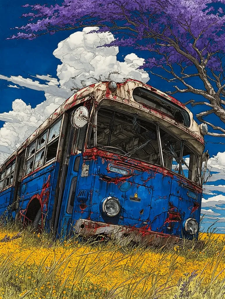 A dilapidated, blue and white bus rests in a field of yellow wildflowers under a vibrant blue sky.  A large, purple flowering tree partially obscures the sun. The bus is heavily rusted and shows signs of significant decay, windows are broken, and the paint is peeling. The scene evokes a sense of abandonment and the passage of time.