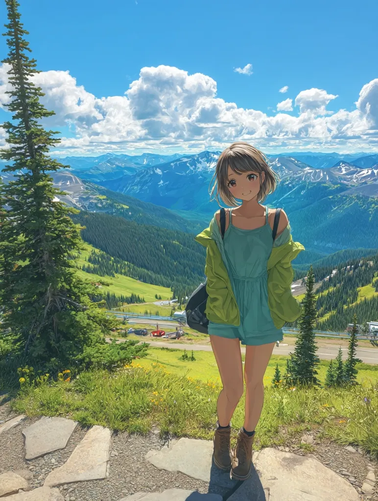 An anime-style girl with short brown hair stands on a stone path overlooking a vast mountain range.  She wears a teal jumpsuit and a lime green jacket, brown hiking boots, and carries a backpack. Lush green hills and evergreen trees fill the foreground, while snow-capped peaks stretch to the horizon under a bright, partly cloudy sky.  The scene evokes a sense of serenity and adventure.