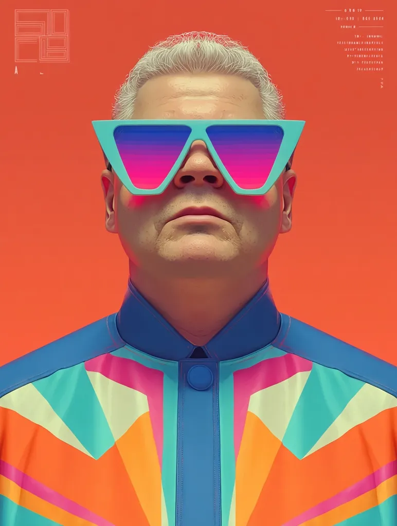 A stylized portrait of a man with short, gray hair. He wears vibrant, angular sunglasses with a gradient of pink and purple. His shirt features a geometric pattern of orange, turquoise, and pink radiating outwards. The background is a solid, bold orange. The overall aesthetic is bold, graphic, and reminiscent of 1980s design.  The image has a digitally created, almost hyperrealistic quality.