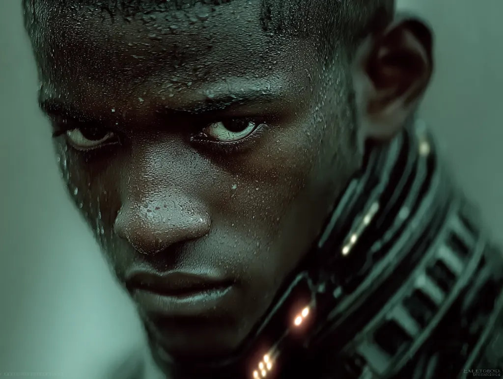 Close-up of a dark-skinned man's face, glistening with sweat. His intense gaze is directed towards the viewer, conveying a sense of determination or aggression. He wears a futuristic, dark collar with glowing orange accents, suggesting a cyberpunk or science fiction setting.  The overall mood is serious and dramatic, emphasizing the subject's focused expression.