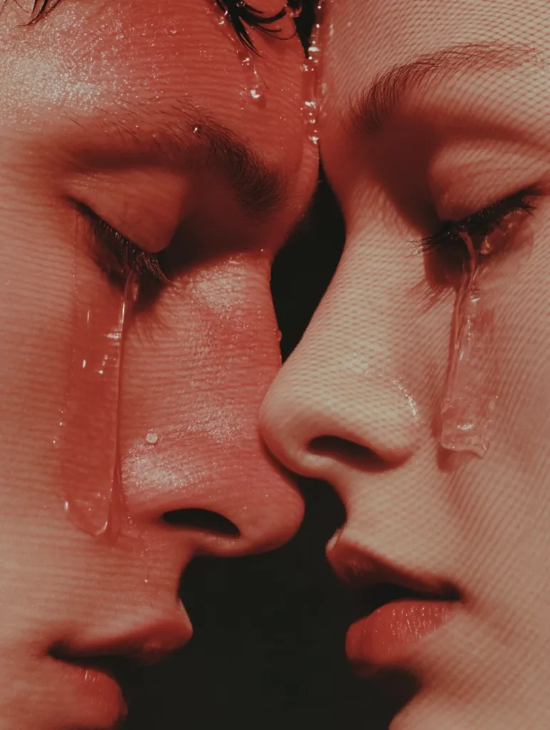 A close-up shot captures two individuals, their faces intimately close, tears streaming down their cheeks.  The image is drenched in a reddish hue, emphasizing the raw emotion. Water droplets cling to their skin, enhancing the sense of vulnerability and intimacy. The focus is on their eyes and noses, creating a powerful visual of emotional connection and shared sorrow.