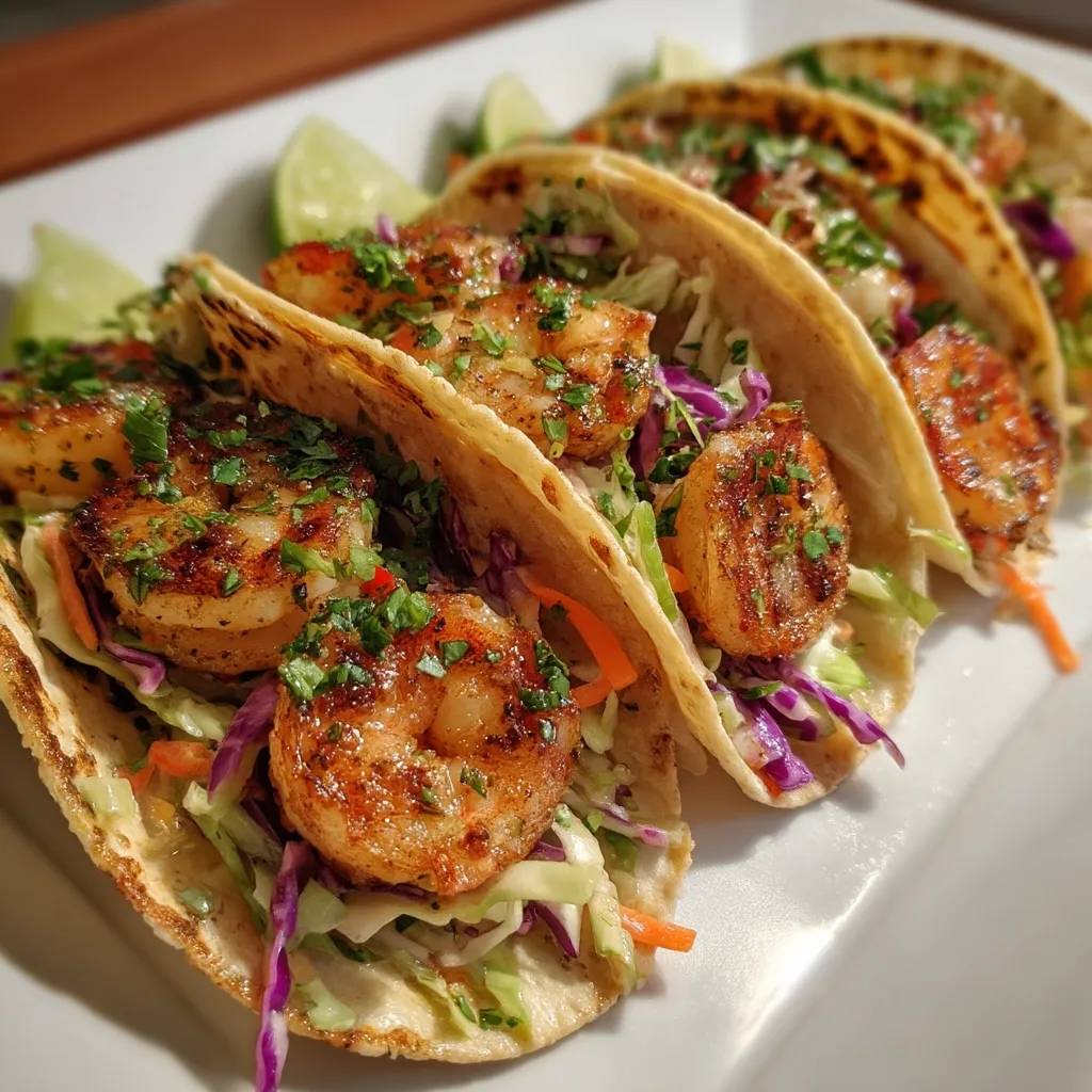Four delicious shrimp tacos are artfully arranged on a white plate.  Grilled shrimp, seasoned with herbs, are nestled in warm tortillas with a vibrant slaw of shredded cabbage and carrots.  A sprinkle of fresh cilantro adds a pop of green.  Lime wedges are visible in the background, suggesting a refreshing accompaniment to this appetizing meal.