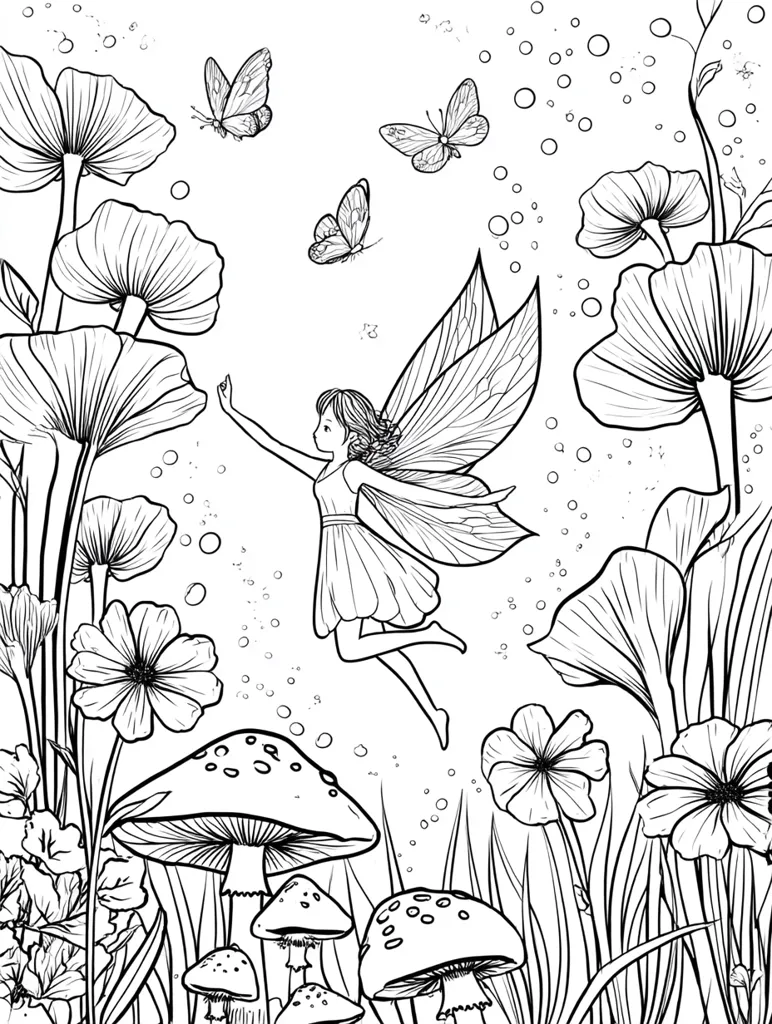 A whimsical coloring page depicts a fairy with gossamer wings soaring amidst a magical garden.  Surrounded by large, stylized flowers, mushrooms, and delicate butterflies, the fairy stretches out her hand, creating a sense of wonder and enchantment.  Intricate linework details the flora and fauna, inviting creative coloring.