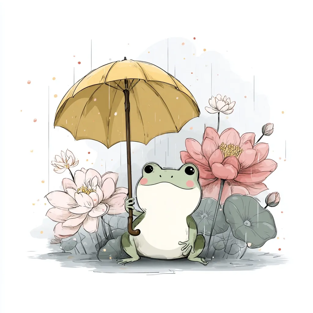 A cute cartoon frog sits under a yellow umbrella in a garden of pink and white lotus flowers during a gentle rain.  The scene is soft and whimsical, with delicate linework and pastel colors. Rain drops fall softly around the frog, creating a serene and peaceful atmosphere.  The frog appears content and sheltered from the rain.