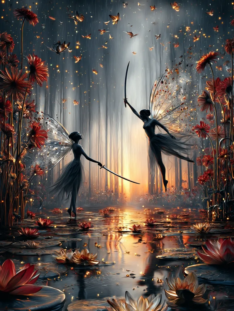 Two ethereal fairies, adorned with delicate, translucent wings, engage in a duel amidst a mystical forest.  A katana is held between them, reflecting the warm sunset light illuminating a tranquil pond filled with luminous water lilies.  Fireflies dance in the air, adding to the enchanting and surreal atmosphere.  The scene is rich with detail and vibrant color, contrasting dark forest with bright blossoms and shimmering water.