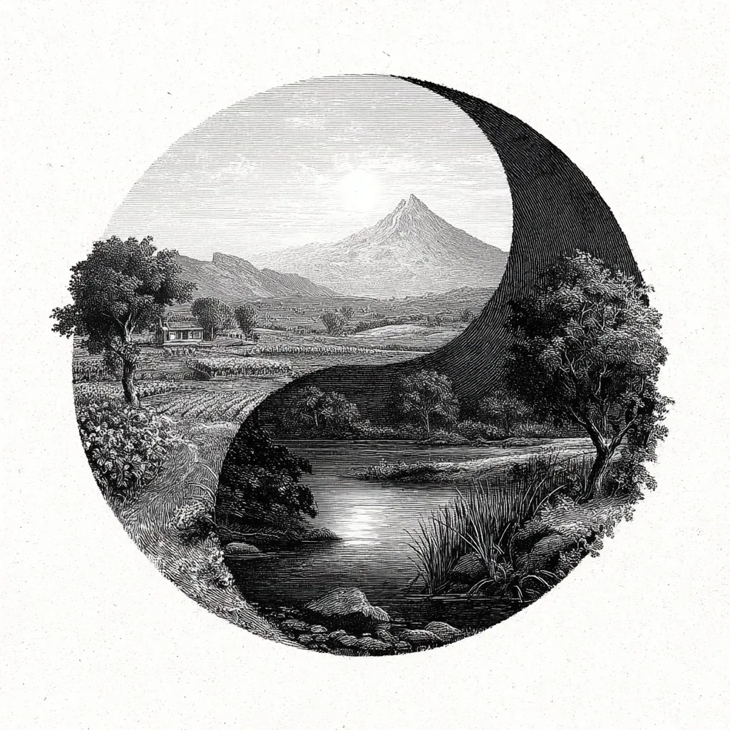 A yin and yang symbol depicts contrasting landscapes.  One half shows a sunlit valley with a distant mountain, farmland, and a lone farmhouse.  The other half presents a dark, tranquil scene featuring a still river, trees, and tall grasses. The detailed engraving style creates a stark yet harmonious visual representation of opposing yet interconnected forces.