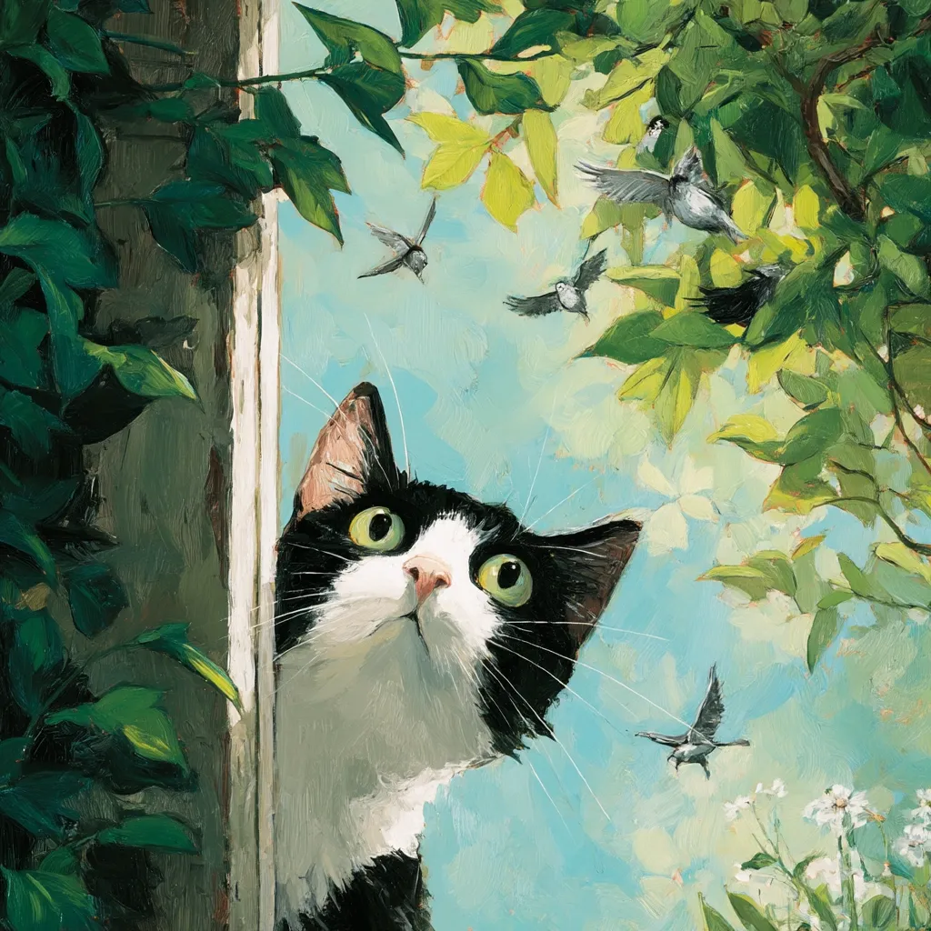 A tuxedo cat peeks from behind a weathered post, its gaze directed upwards at a lively sky filled with flitting birds. Lush green foliage frames the scene, partially obscuring the cat and creating a vibrant, natural backdrop. The painting style is impressionistic, with visible brushstrokes contributing to the overall feeling of movement and life.  The cat's expression is one of playful curiosity, as if captivated by the aerial ballet above.